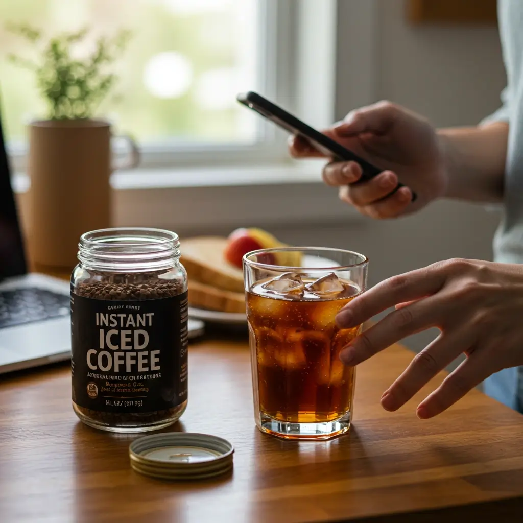 Busy morning kitchen with instant iced coffee glass, jar, hand, and breakfast setup