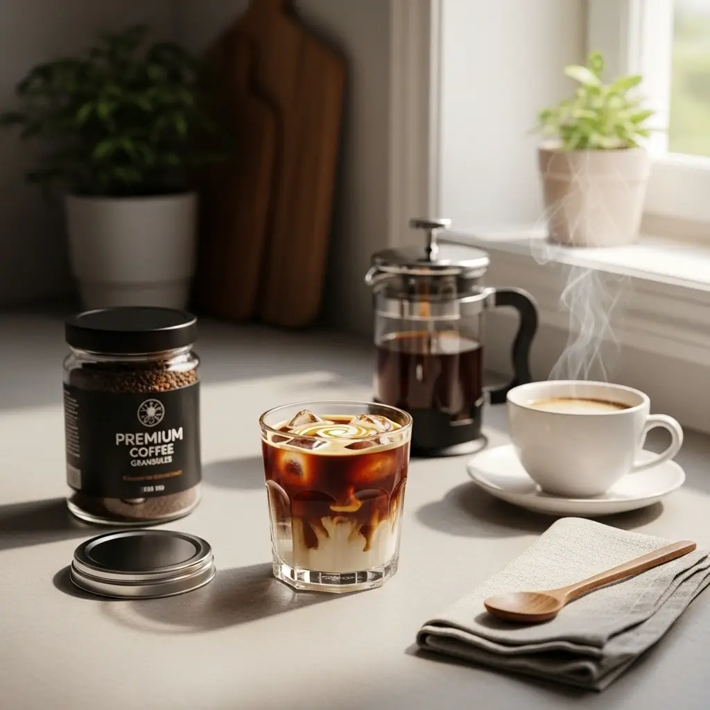 Glass of instant iced coffee with creamy milk swirl on kitchen counter with coffee jar and French press