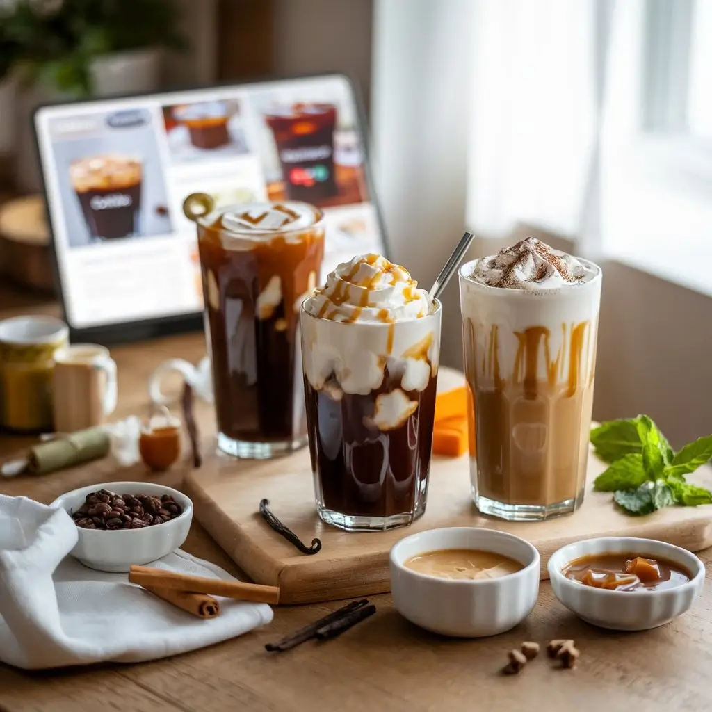 Three styled instant iced coffee glasses with toppings and ingredients on wooden table