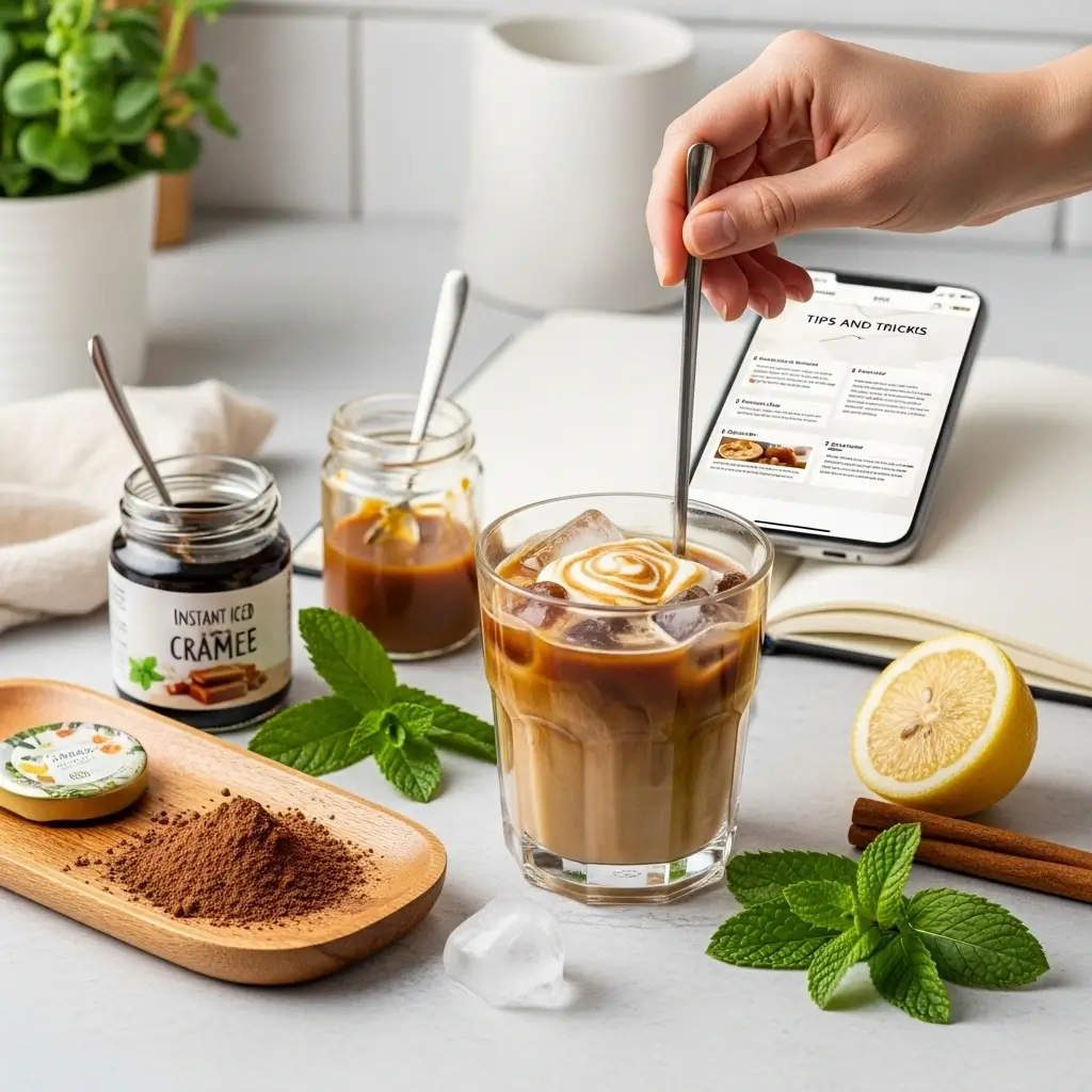 Glass of instant iced coffee with creamy swirl and flavorings, hand stirring, notes nearby.