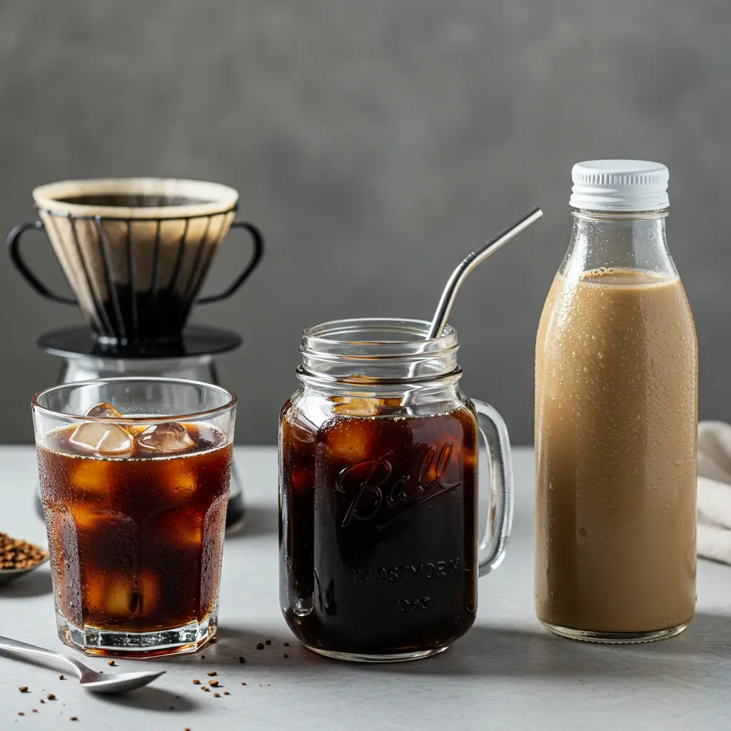 Three iced coffee drinks on a modern tabletop: instant iced coffee with granules and spoon, dark cold brew in mason jar with metal straw, and a ready-to-drink coffee bottle with condensation.