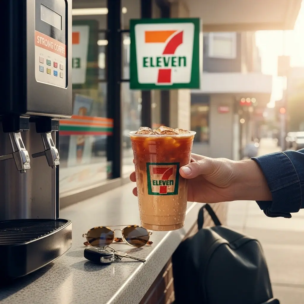 Hand grabbing iced coffee at 7-Eleven self-serve counter in sunny store
