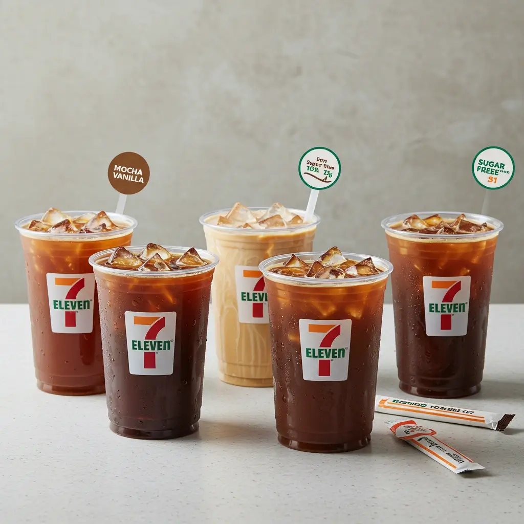 Lineup of 7-Eleven iced coffee flavors with nutrition info on clean counter