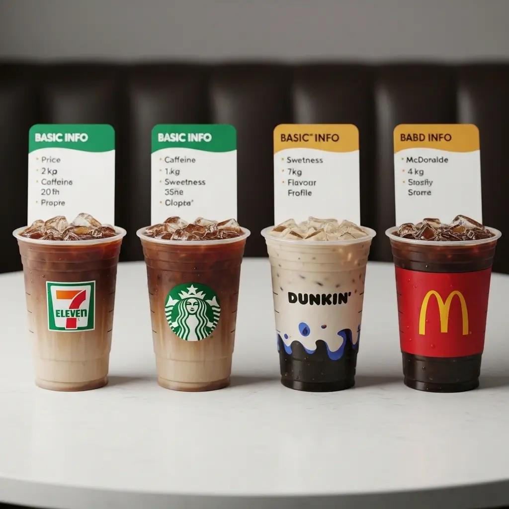 Iced coffee cups from 7-Eleven, Starbucks, Dunkin’, and McDonald’s side by side