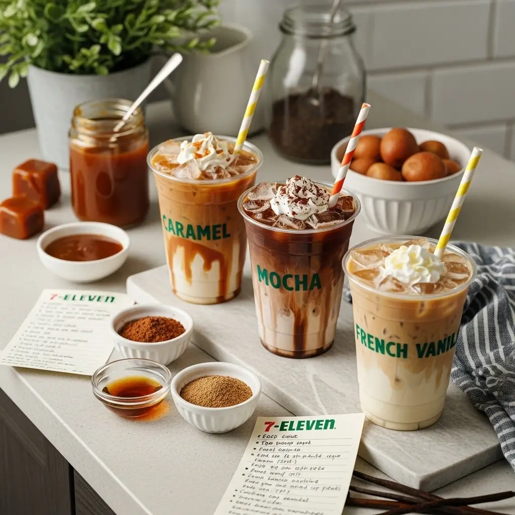 Homemade iced coffees styled after 7-Eleven flavors in cozy kitchen setup