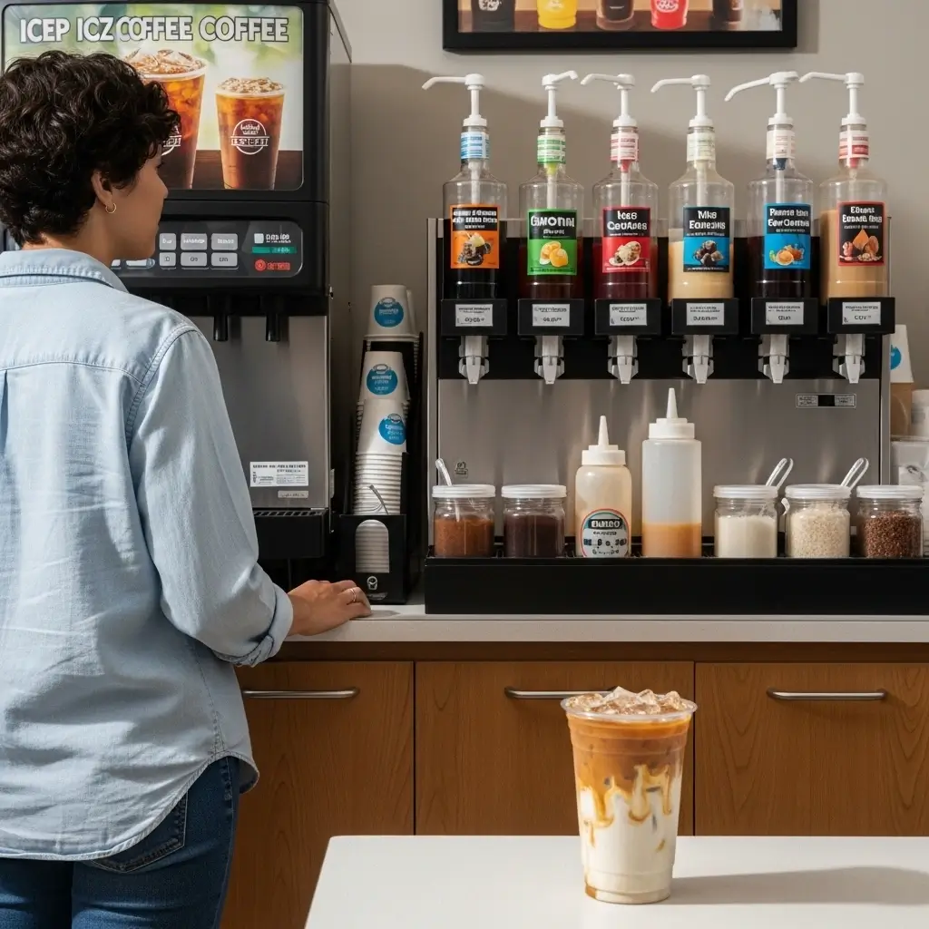 Person choosing iced coffee at convenience store self-serve station with toppings