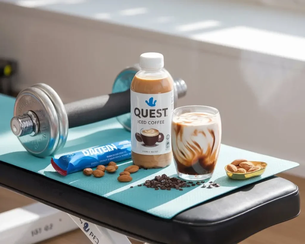 Quest Iced Coffee bottle with protein snacks on gym bench or kitchen counter