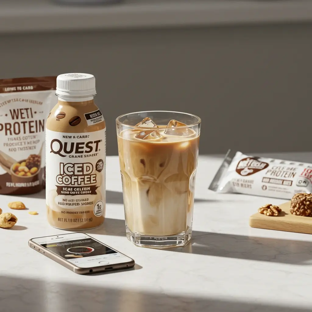 Quest Iced Coffee with keto snack and fitness app in modern home kitchen setup