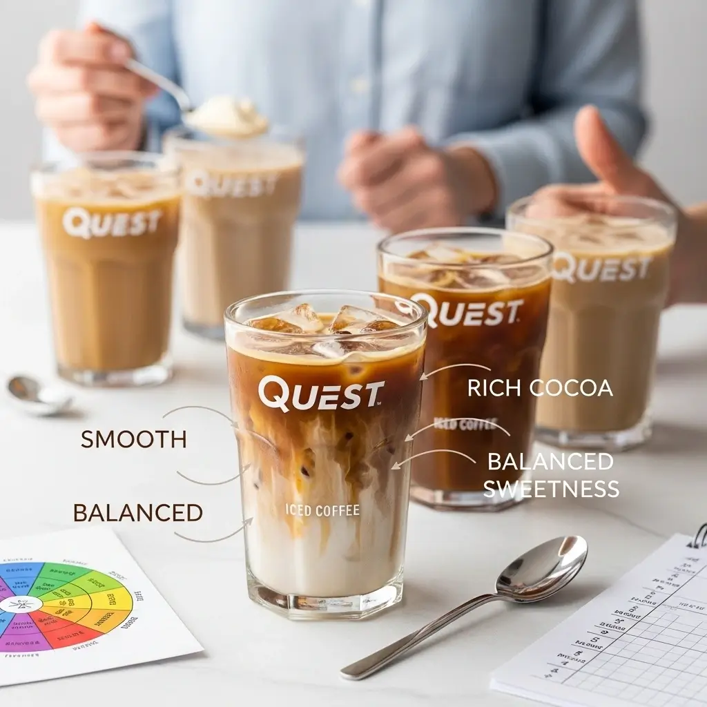 Quest Iced Coffee in taste test lineup with creamy swirls and rating props