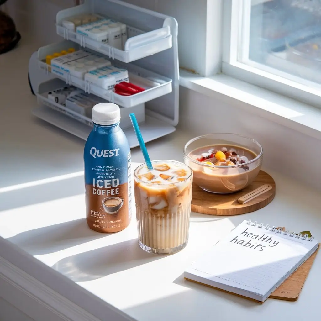 Quest Iced Coffee with healthy breakfast and supplement setup on sunny counter