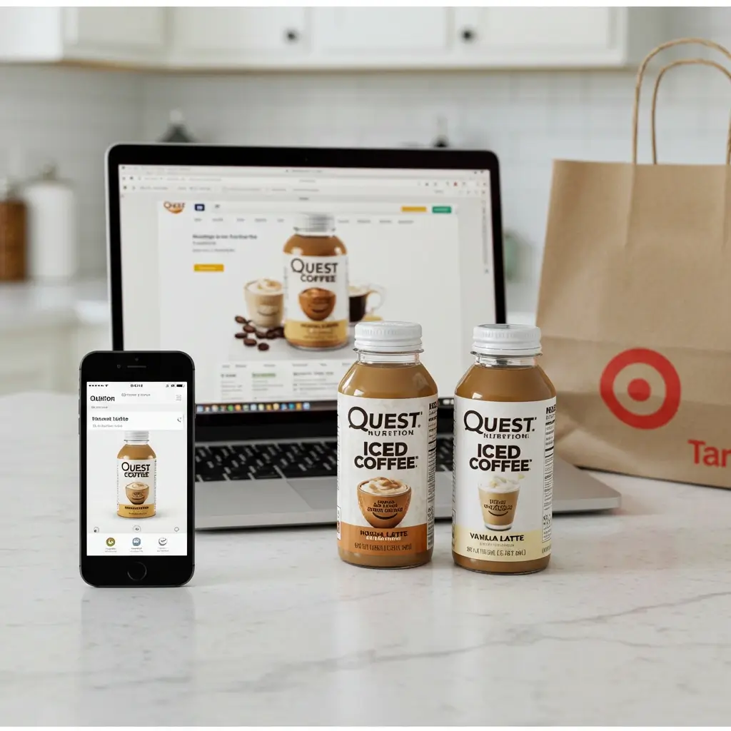 Two Quest Iced Coffee bottles near laptop and phone showing Quest online and Target bag