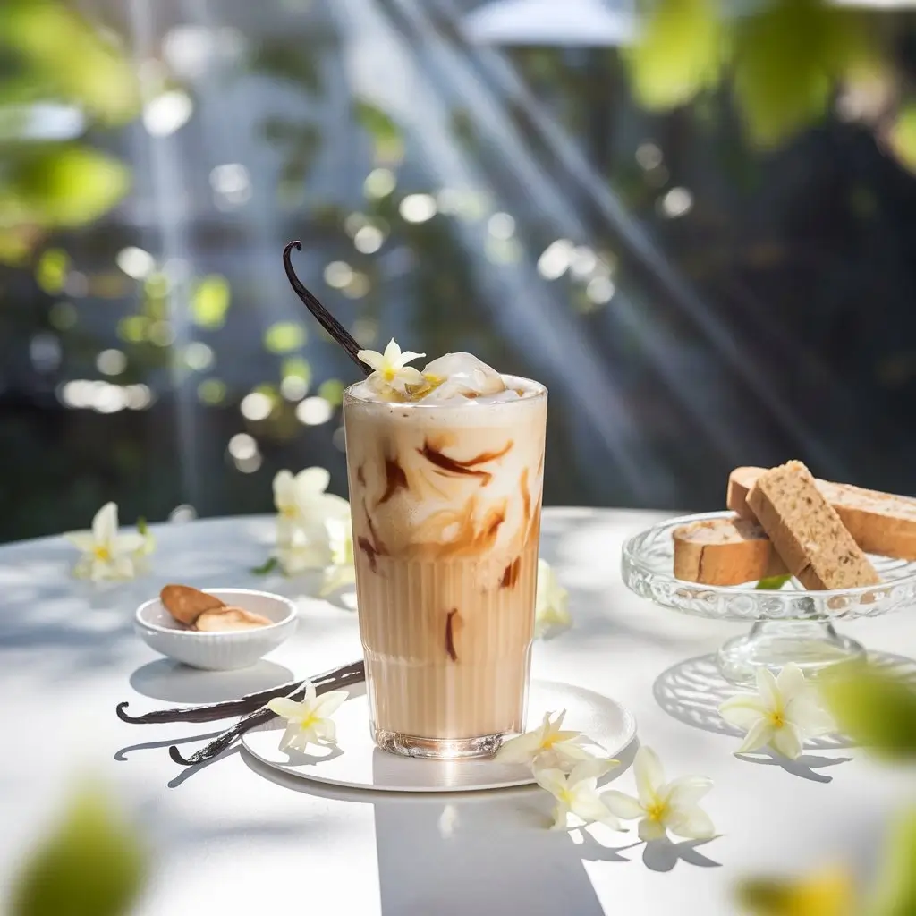 Tall glass of French Vanilla iced coffee with vanilla garnish on sunny café table