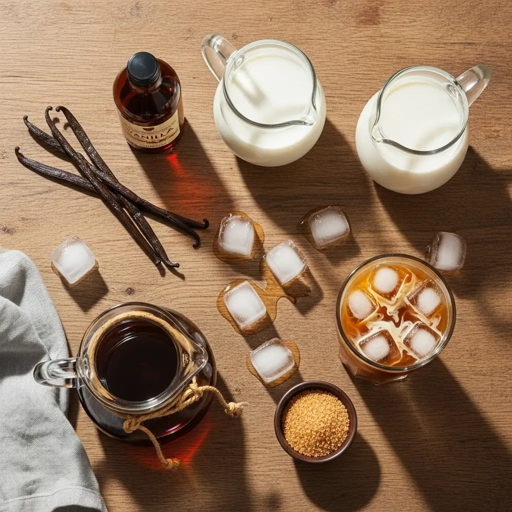 Flat lay of French Vanilla iced coffee ingredients with finished glass on wooden table