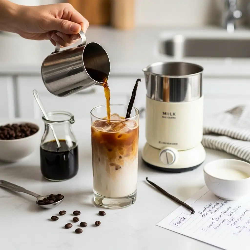Hand pouring coffee over ice with vanilla syrup and milk frother on kitchen counter