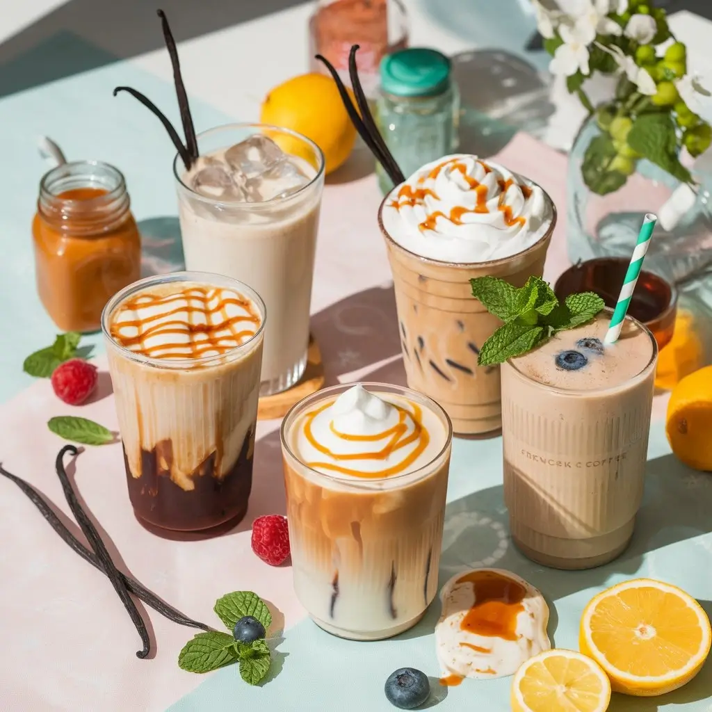 Five summer French Vanilla iced coffee variations with garnishes on pastel tabletop