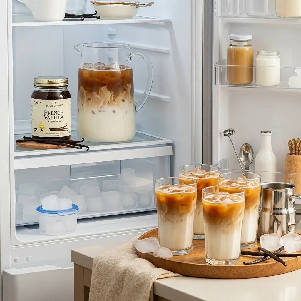 Pitcher of French Vanilla iced coffee with milk in fridge next to glasses and vanilla syrup