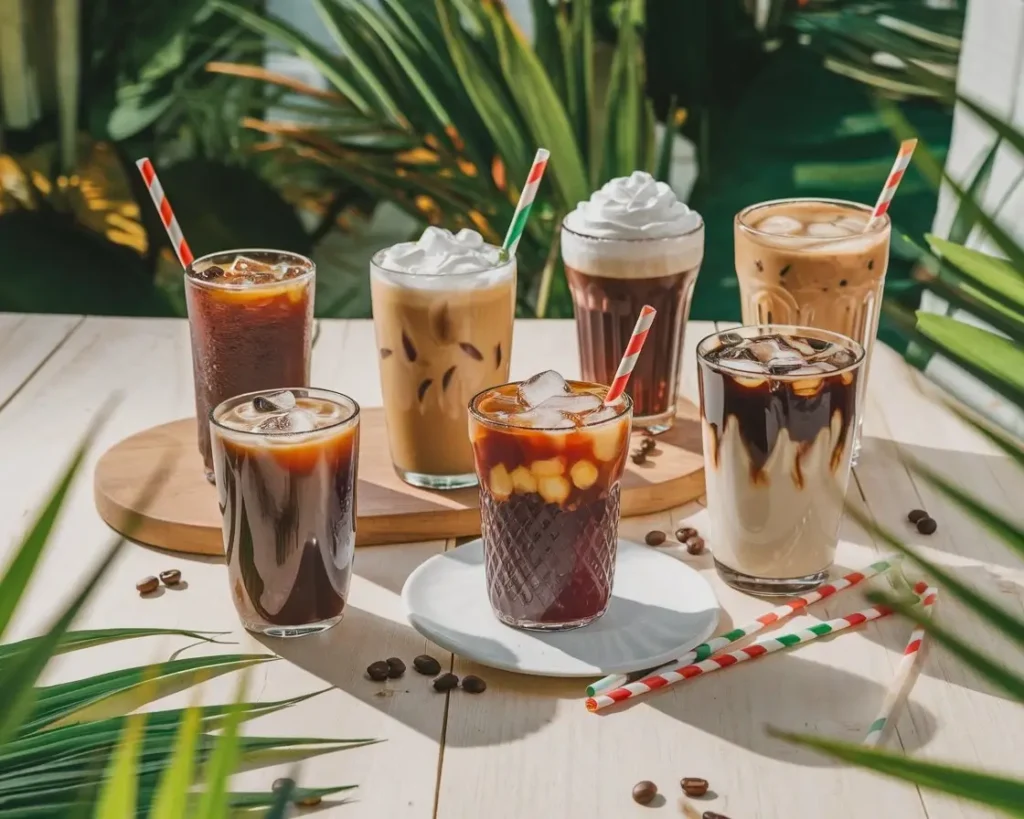 Iced coffee drinks on a summer table