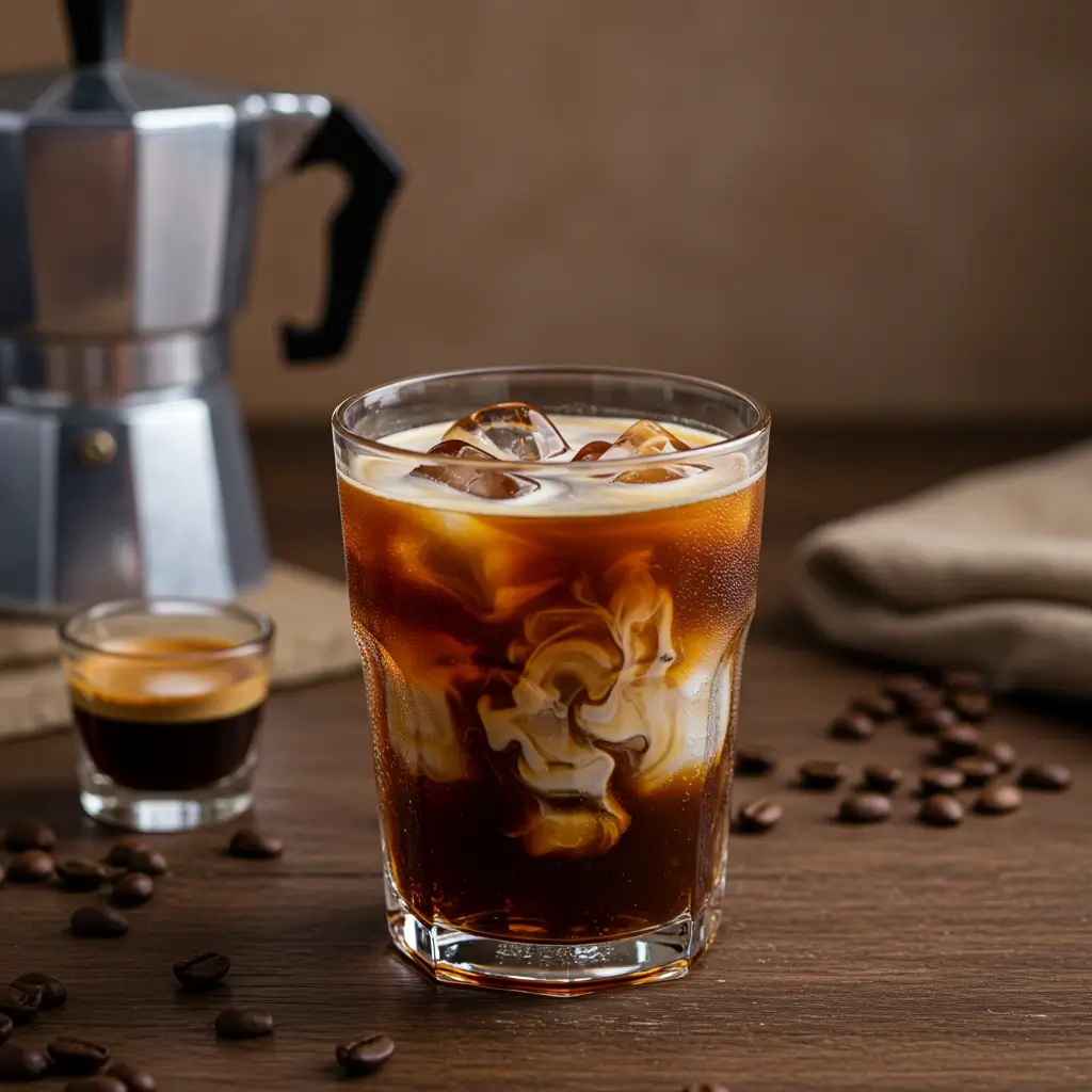 Close-up of iced coffee with creamy swirls on rustic café table