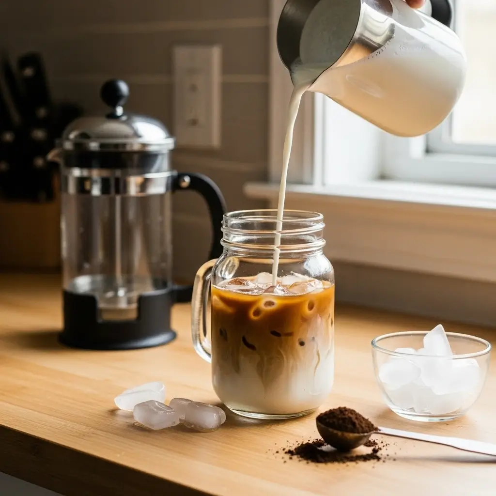 Step-by-step iced coffee setup in home kitchen with mason jar and milk pouring