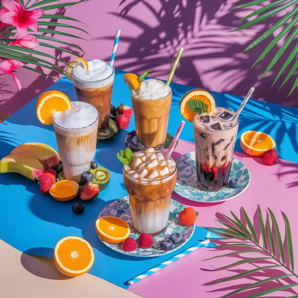 Colorful iced coffee drinks with fruit garnishes on summer table