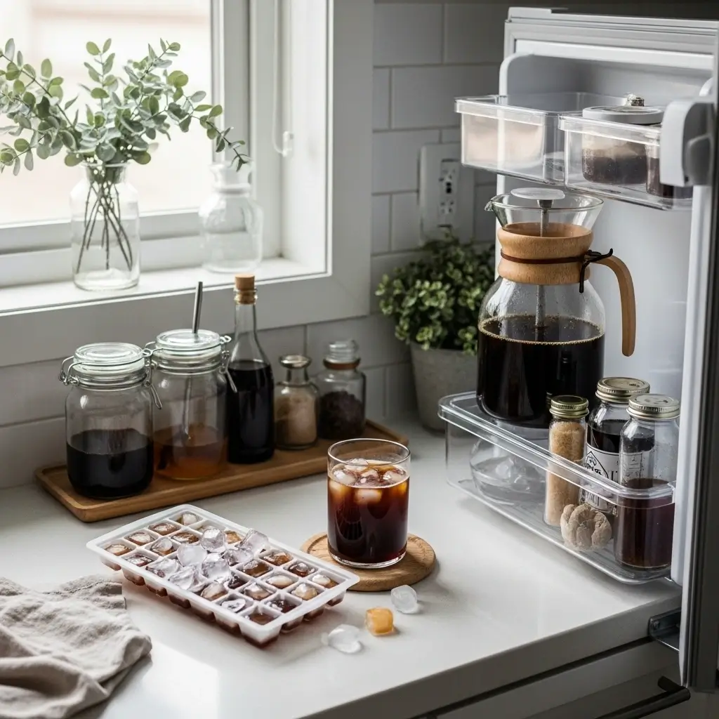 Step-by-step iced coffee setup in home kitchen with mason jar and milk pouring