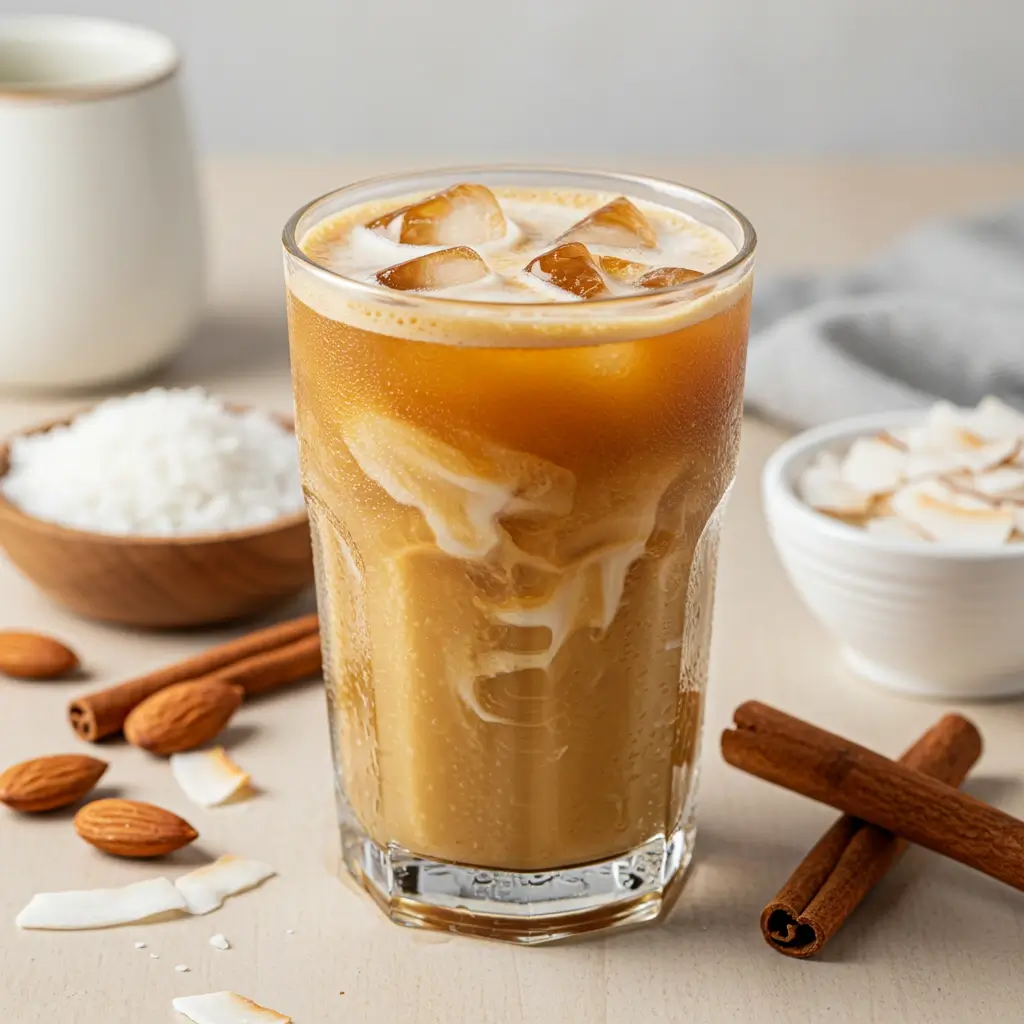 Tall glass of keto iced coffee with coconut milk swirls and keto ingredients