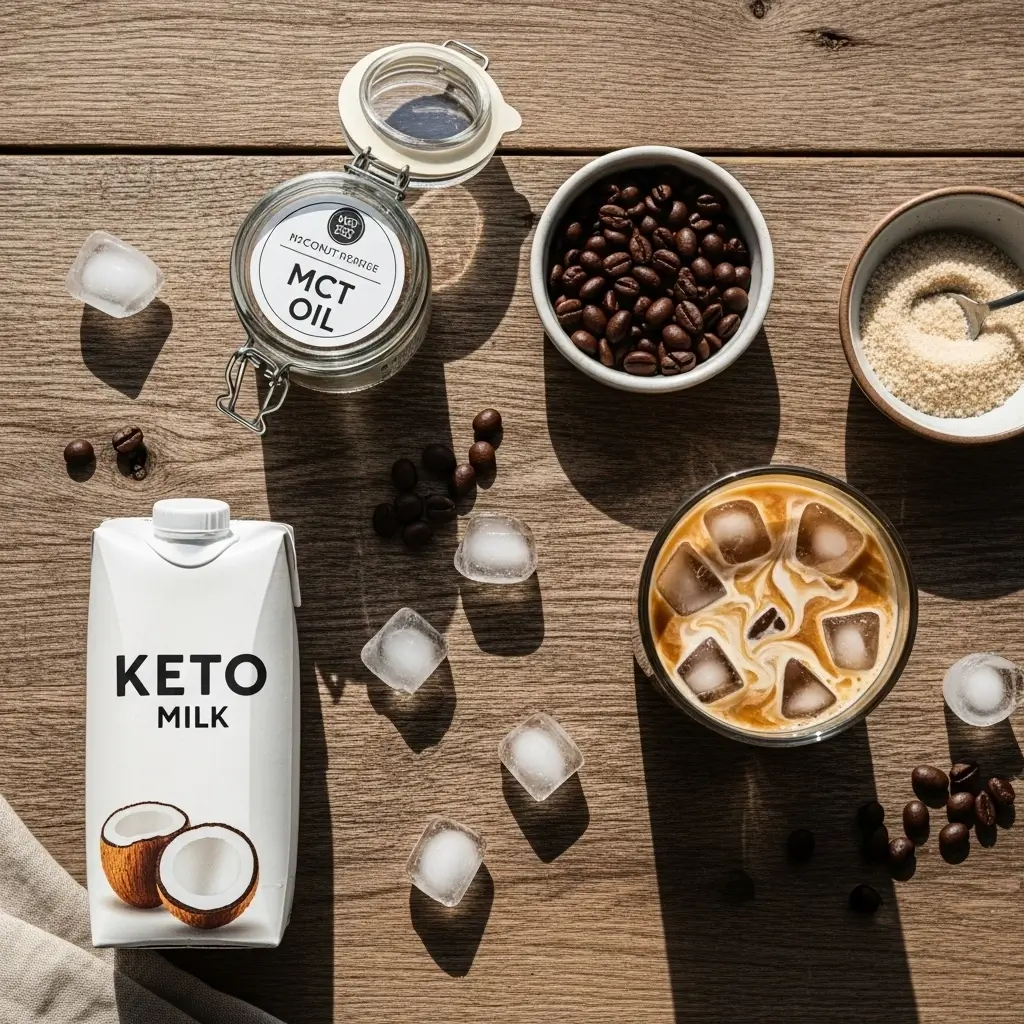 Top-down flat lay of keto iced coffee ingredients on rustic wooden table