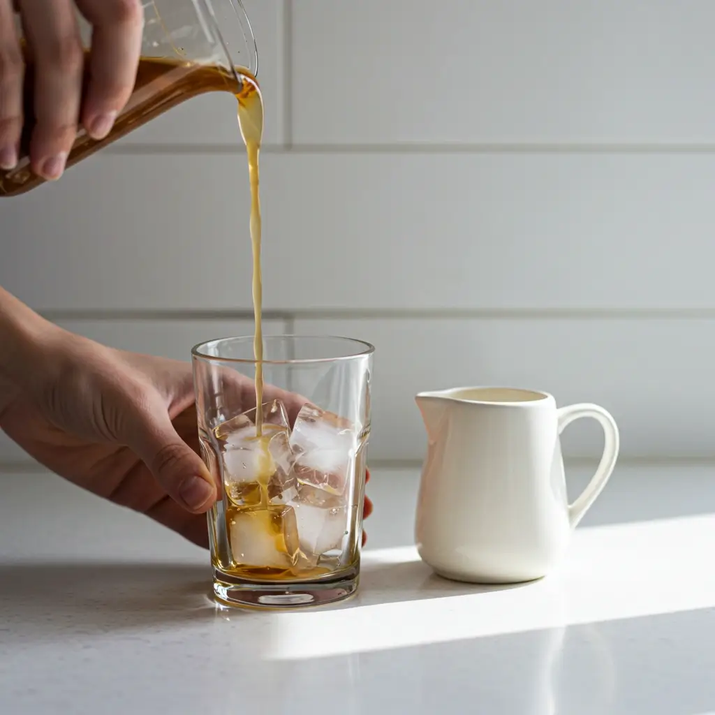 Glass with ice and brewed coffee being poured on bright kitchen counter