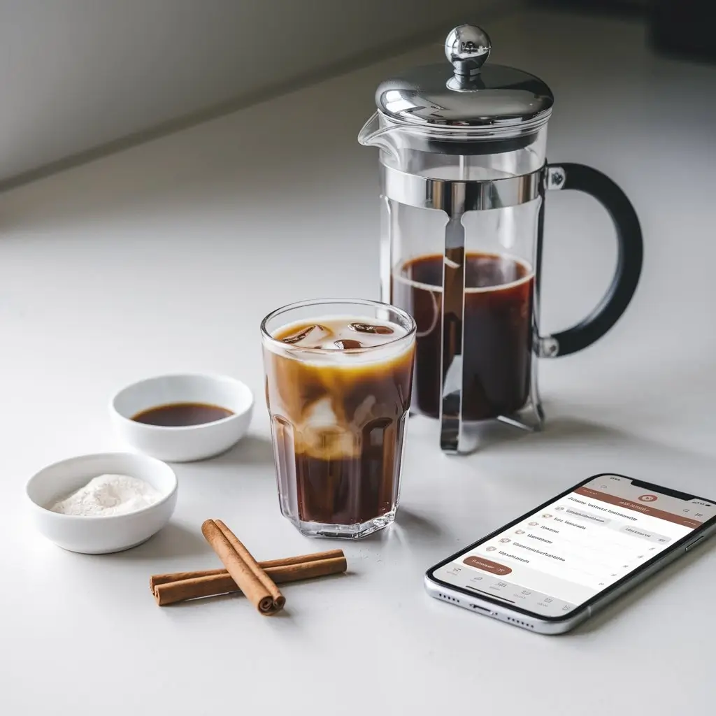 Keto iced coffee with French press, MCT oil, and recipe on tablet
