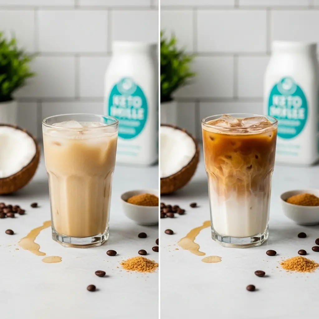 Split-frame showing watery vs creamy keto iced coffee with ingredients