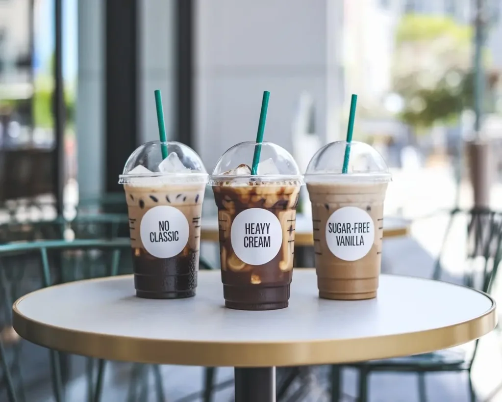Keto Starbucks-style iced coffee in clear cups with green straws and labels