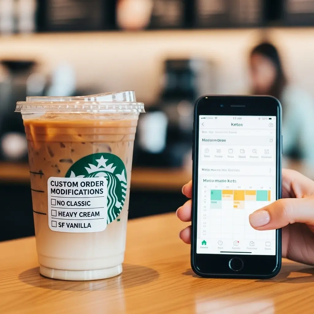 Hand holding keto iced coffee to-go with custom sticker and phone on café counter