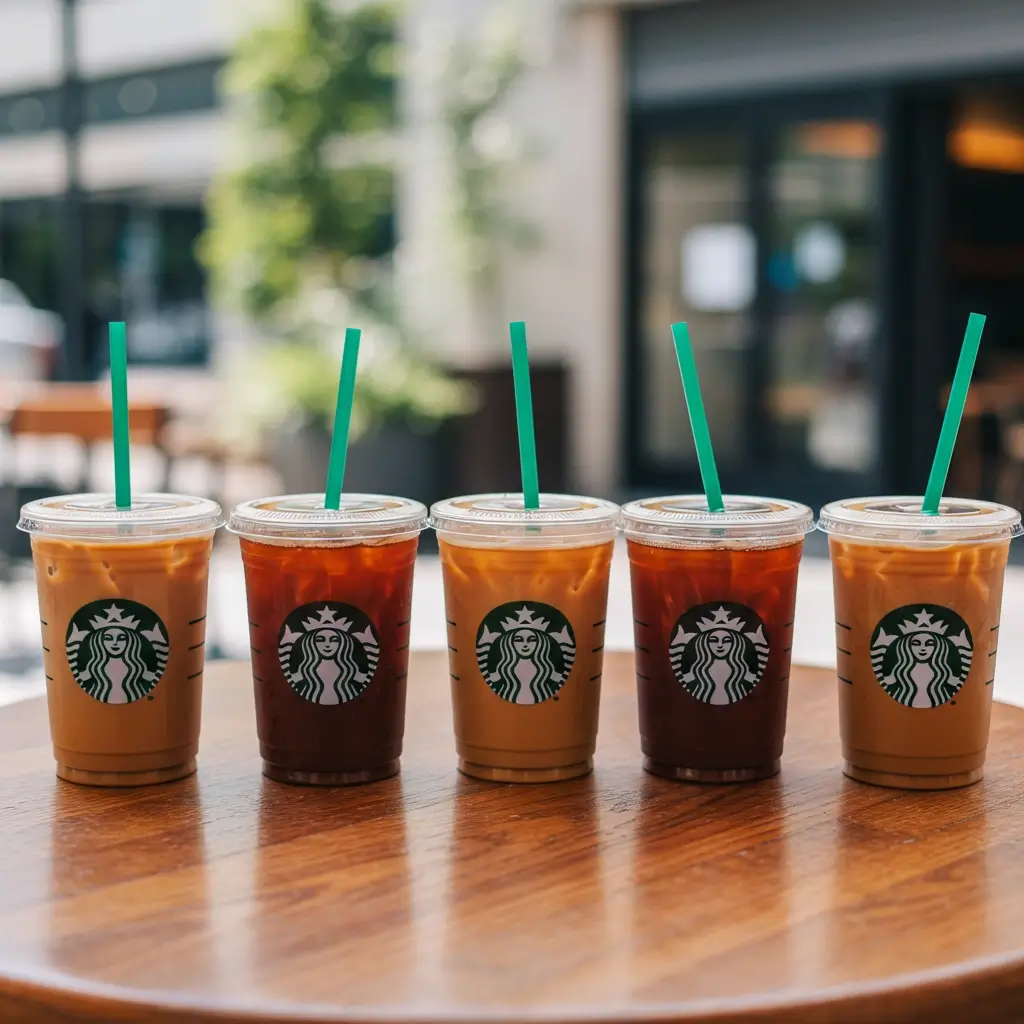 Five keto Starbucks-style iced coffees with custom labels on café table