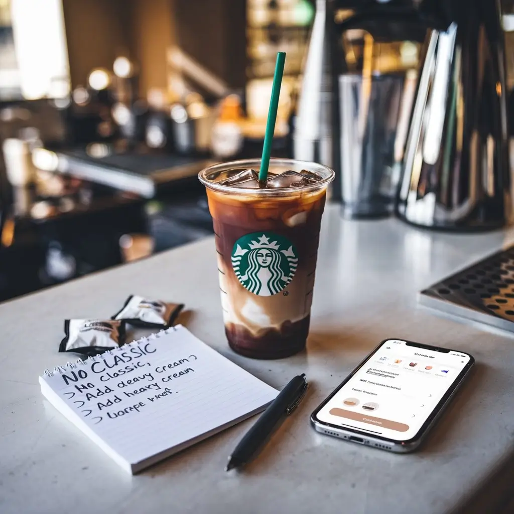 Keto iced coffee with handwritten custom notes and Starbucks app on café counter