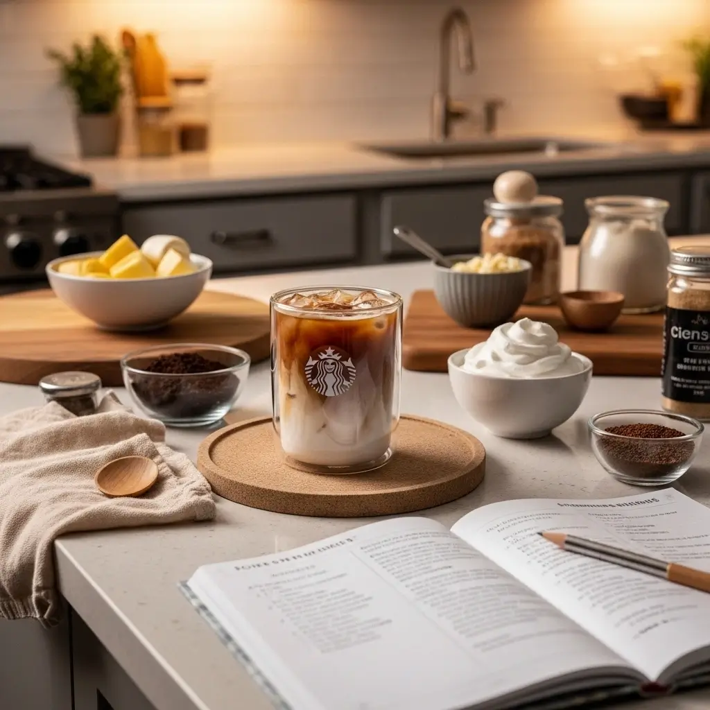 Homemade Starbucks-style keto iced coffee with labeled ingredients and recipe card