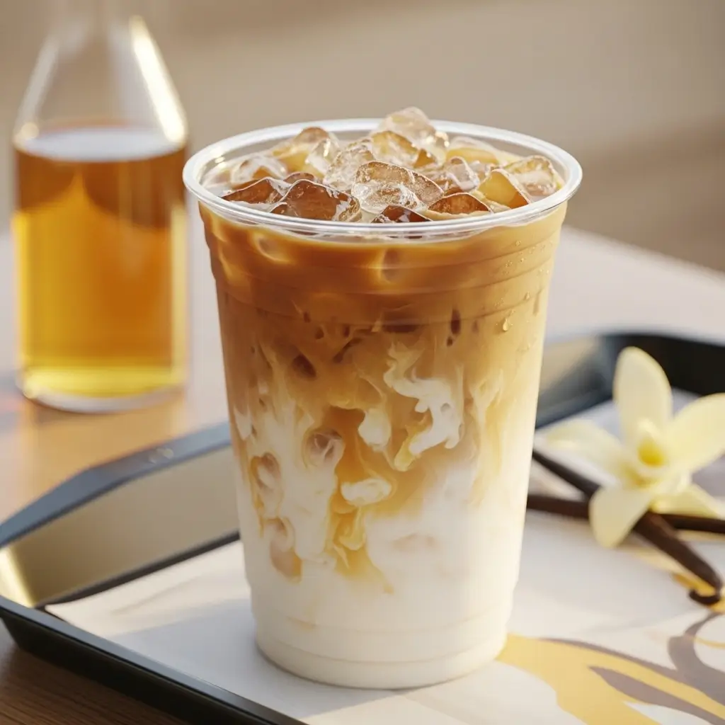Close-up of creamy McDonald’s-style vanilla iced coffee with ice and vanilla swirls