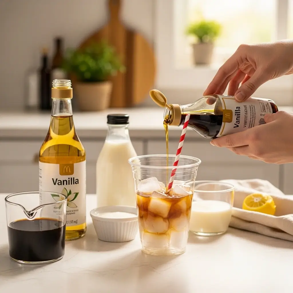 Step-by-step McDonald’s-style vanilla iced coffee ingredients on kitchen counter