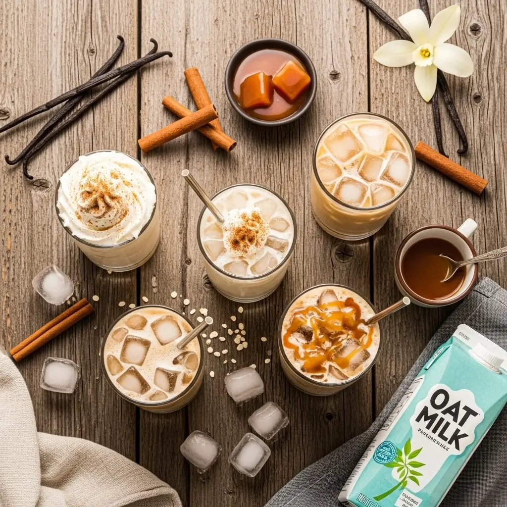 Flat lay of five vanilla iced coffee variations on rustic wooden table