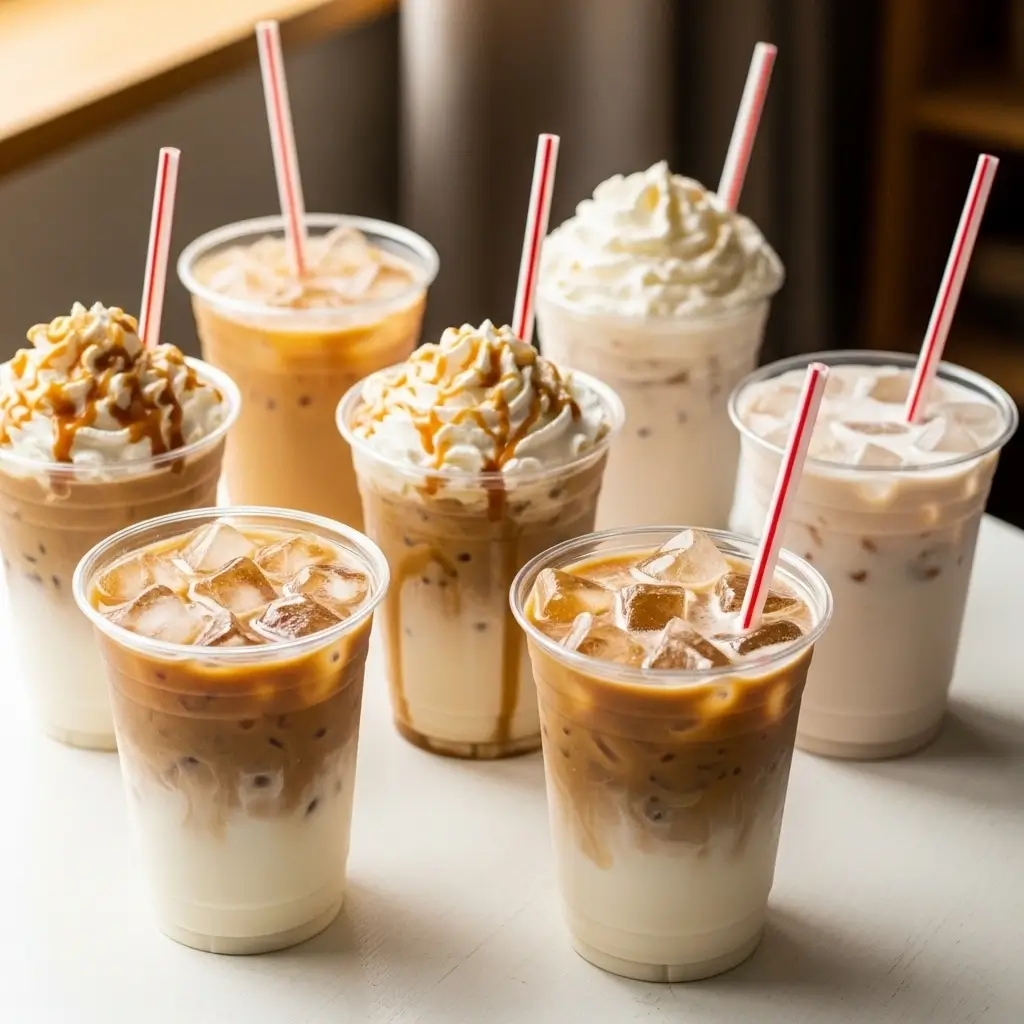 Variety of McDonald’s-style vanilla iced coffee cups with toppings on café table