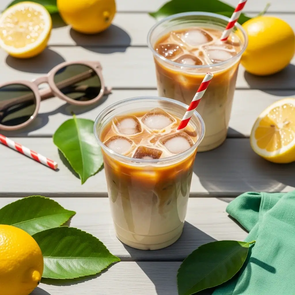Iced vanilla coffee with ice and red-striped straws on sunny picnic table