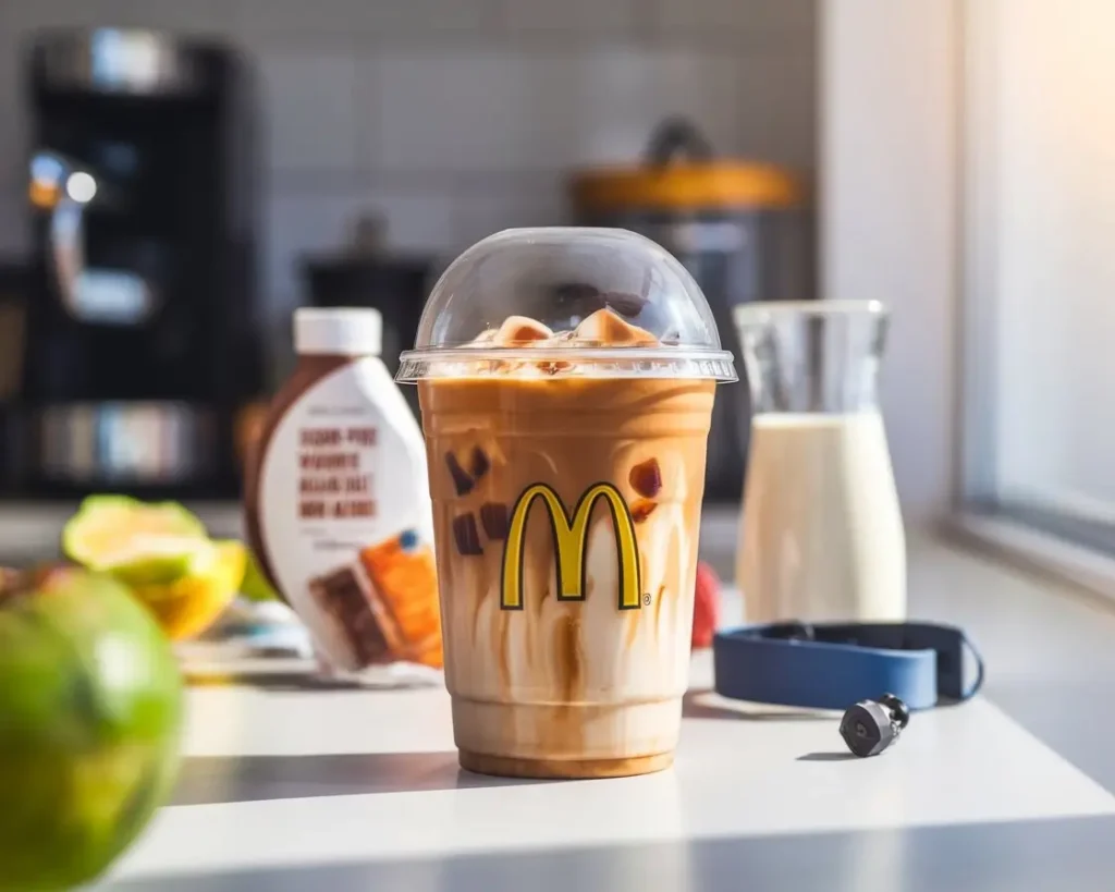 Sugar-free vanilla iced coffee with labeled ingredients and ice on bright table