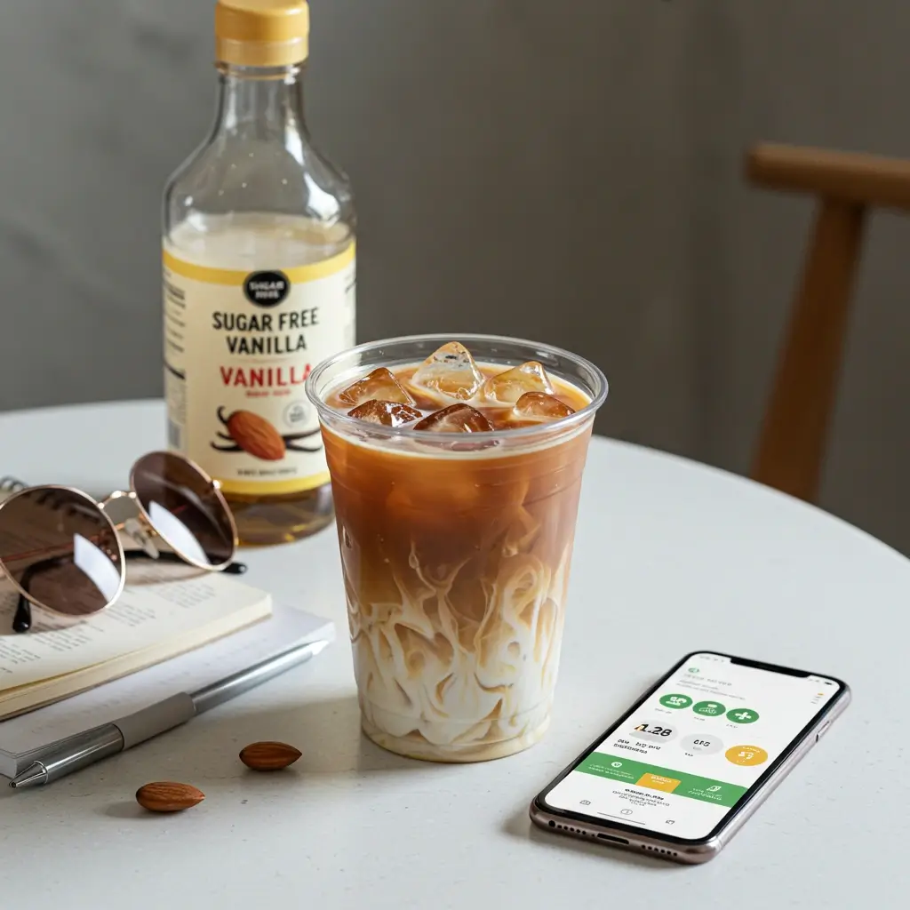 Sugar-free vanilla iced coffee with almond milk and calorie tracker on modern table