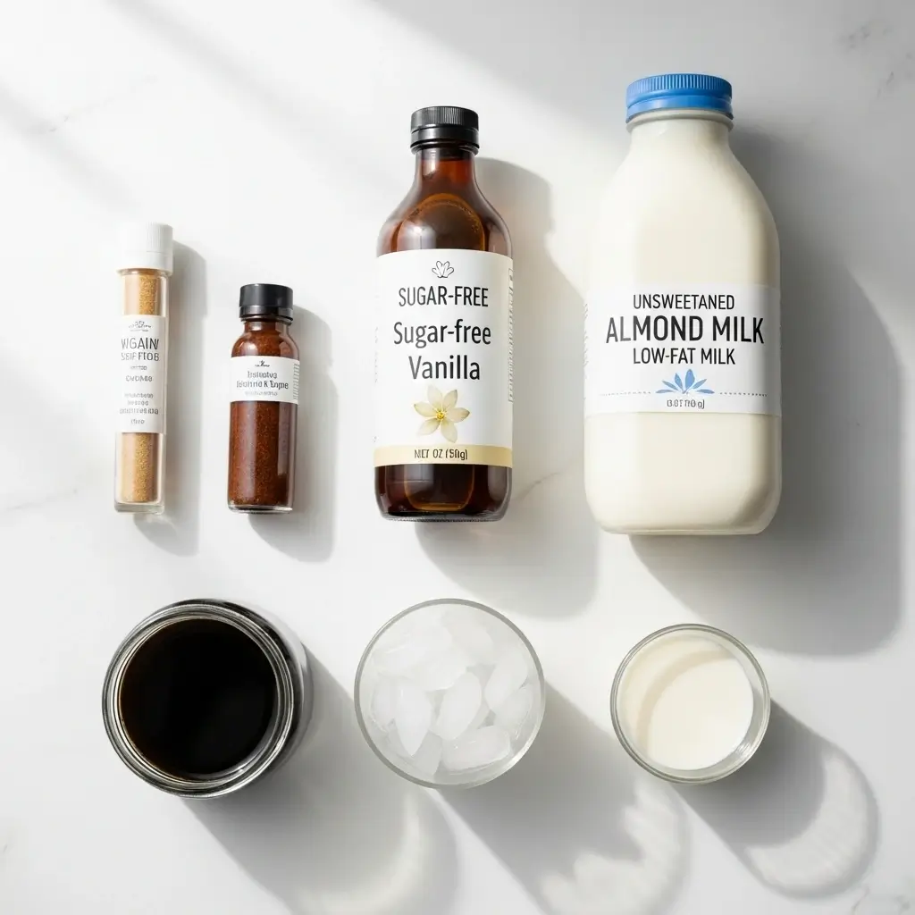 Flat lay of sugar-free vanilla iced coffee ingredients with labels in bright kitchen