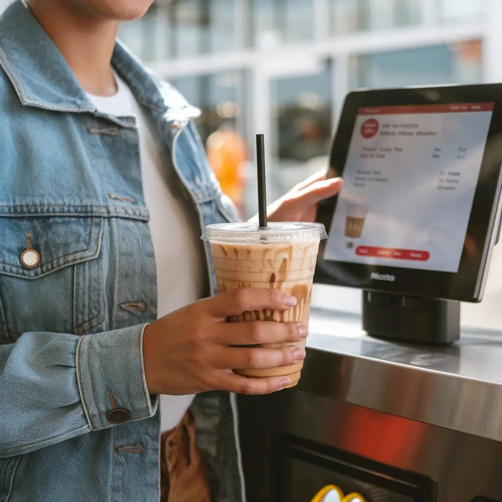 Person holding sugar-free vanilla iced coffee with customized order at drive-thru