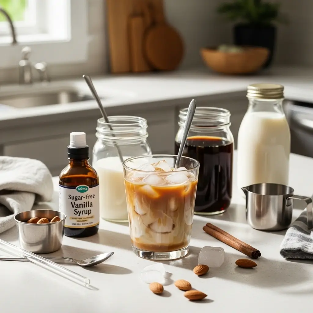 Sugar-free vanilla iced coffee with ingredients and tools on cozy kitchen counter