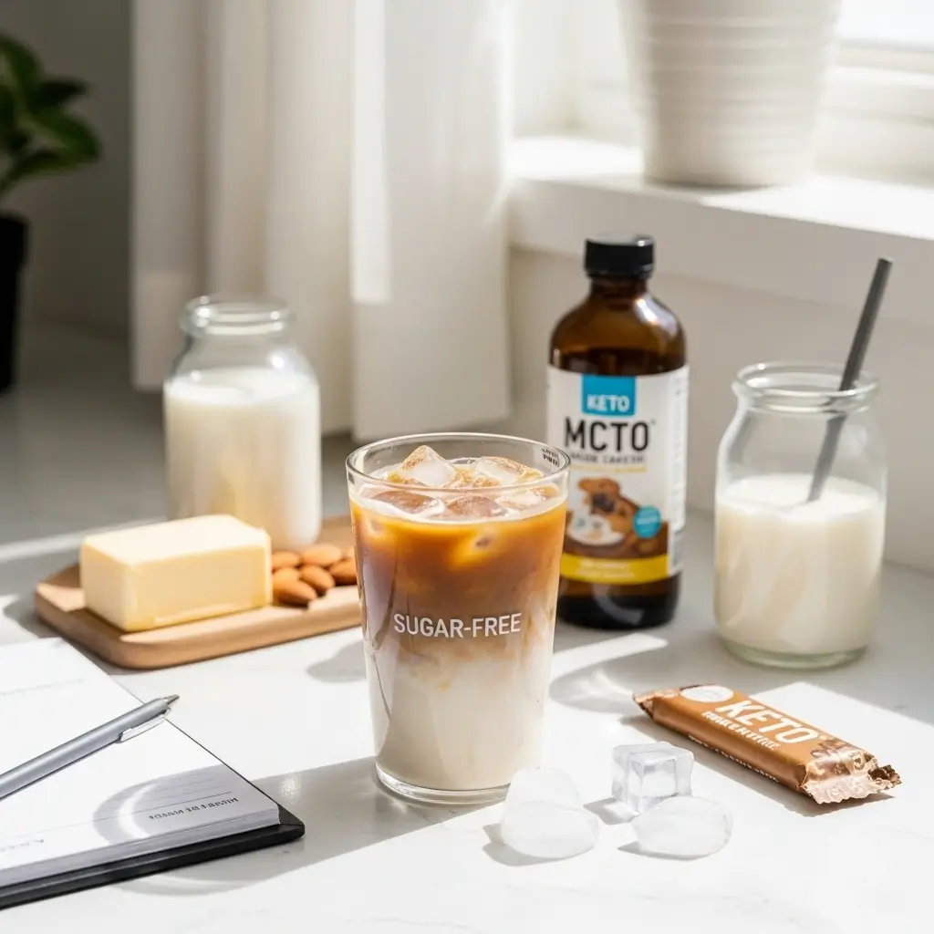 Sugar-free vanilla iced coffee with keto-friendly ingredients on kitchen counter