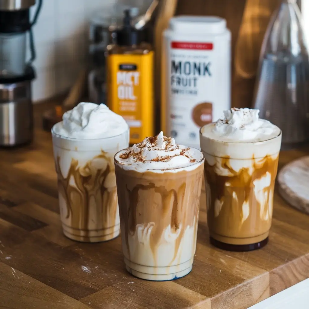 Three keto vanilla iced coffees with cream, almond milk, and whipped toppings on wooden counter