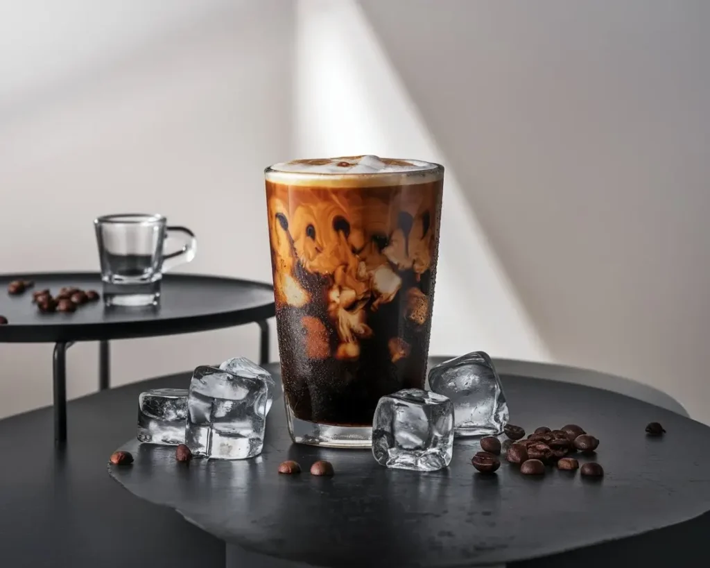 Tall glass of espresso iced coffee with dark espresso layered over ice cubes on wooden table
