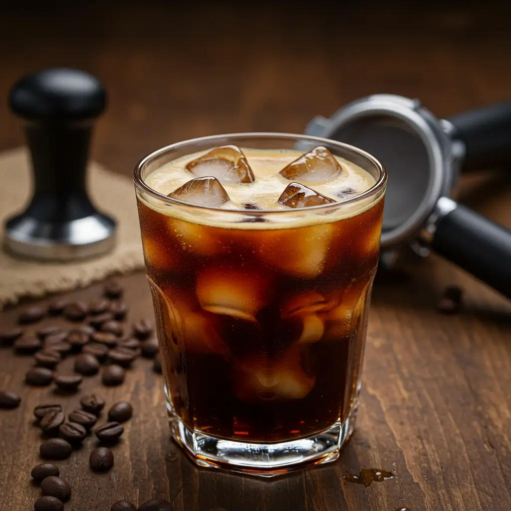 Close-up of espresso iced coffee glass with swirling espresso, ice, and creamy layer on wooden table