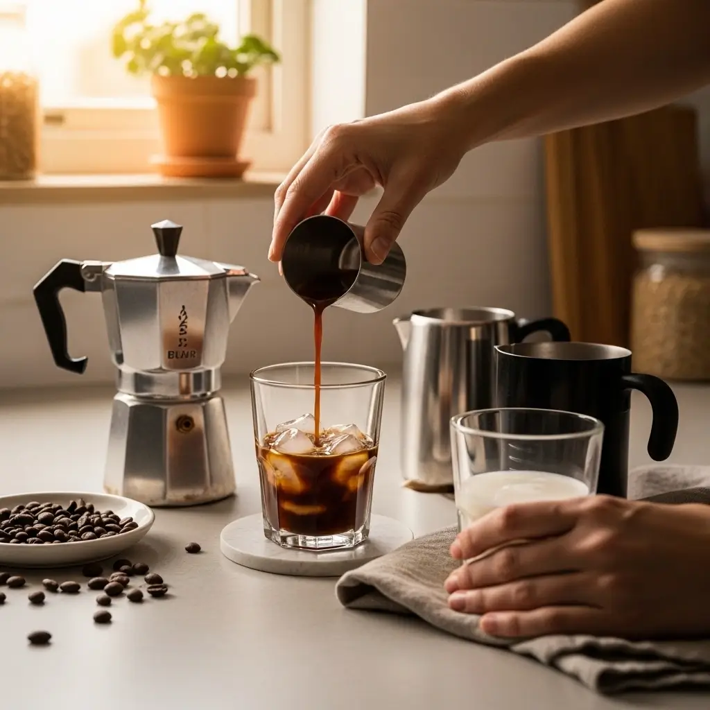 Fresh espresso poured over ice on home kitchen countertop with coffee tools nearby